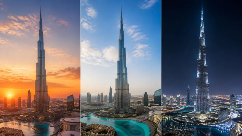 Burj Khalifa during Sunset vs Morning vs Night Burj Khalifa during Sunset vs Morning vs Night